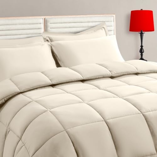 TAIMIT Light Beige Queen Size Comforter Set - 7 Pieces, Bed in a Bag Bedding Sets with All Season Soft Quilted Warm Fluffy Reversible Comforter,Flat Sheet,Fitted Sheet,2 Pillow Shams,2 Pillowcases - Image 1