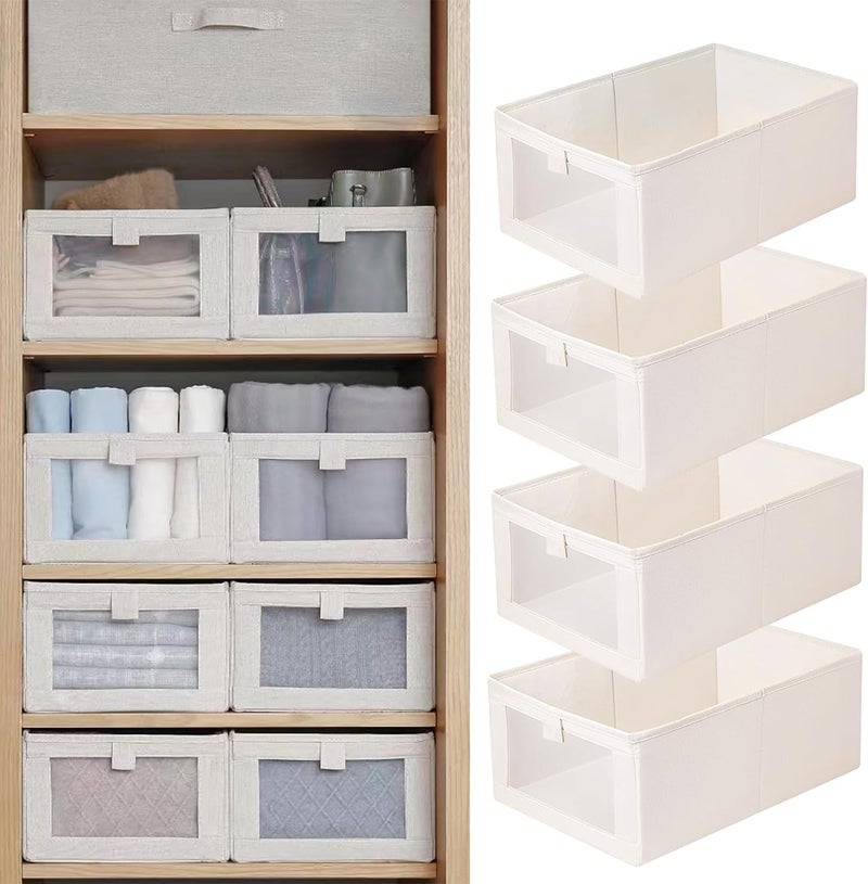Niwlix 4 Pcs Linen Wardrobe Organizer For Storage Cloth Organizer For Storage Box with Clear Window, Foldable Closet Storage Box Organiser Basket for Clothing, Jeans, Pants, T Shirts, Shelves, Toys - Image 1