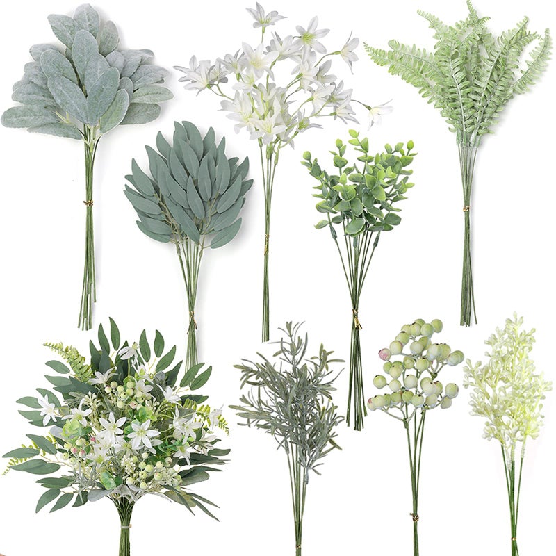 FOTEEWL 70 Pcs Artificial Greenery Stems Box Set,with 8 Kinds of Faux Plants and Fake Flowers for DIY Bridal Bouquets Wedding Floral Arrangement Table Centerpieces Decoration (Sage Green & White) - Image 1