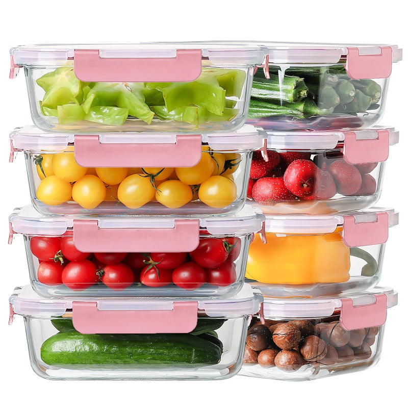 HOMBERKING 8 Pack 36oz Large Glass Meal Prep Containers with lids, Glass Food Storage Containers with Leak Proof Snap Lock Lids , Airtight Bento lunch Boxes, Kitchen Storage, Oven and Dishwasher Safe-Pink - Image 1