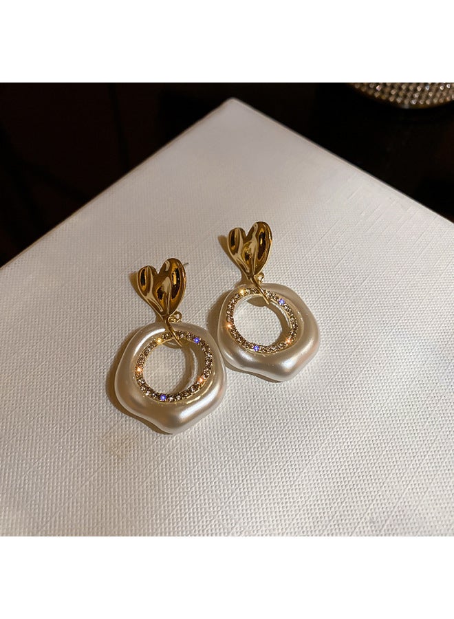 Real Gold Electroplated Silver Needle Zircon Double Ring Pearl Oval Earrings Fashion Retro Light Luxury Elegant Earrings New Earrings