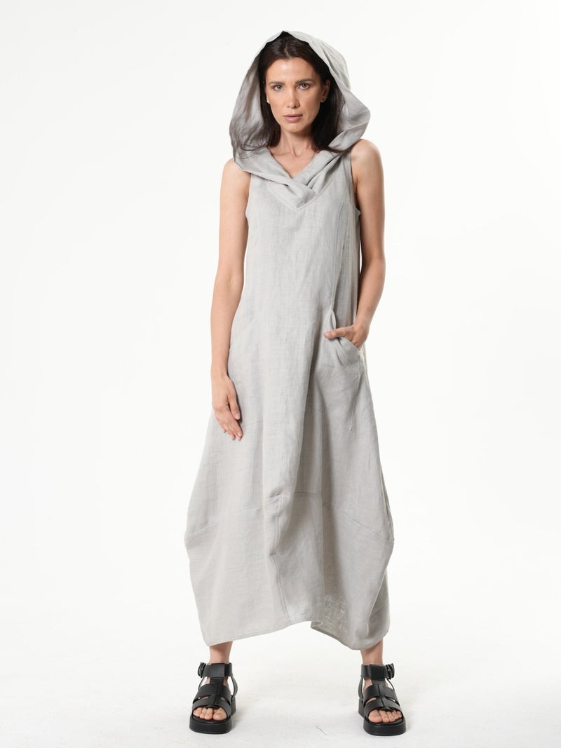 Metamorphoza Linen Hooded Dress In Gray - Image 1