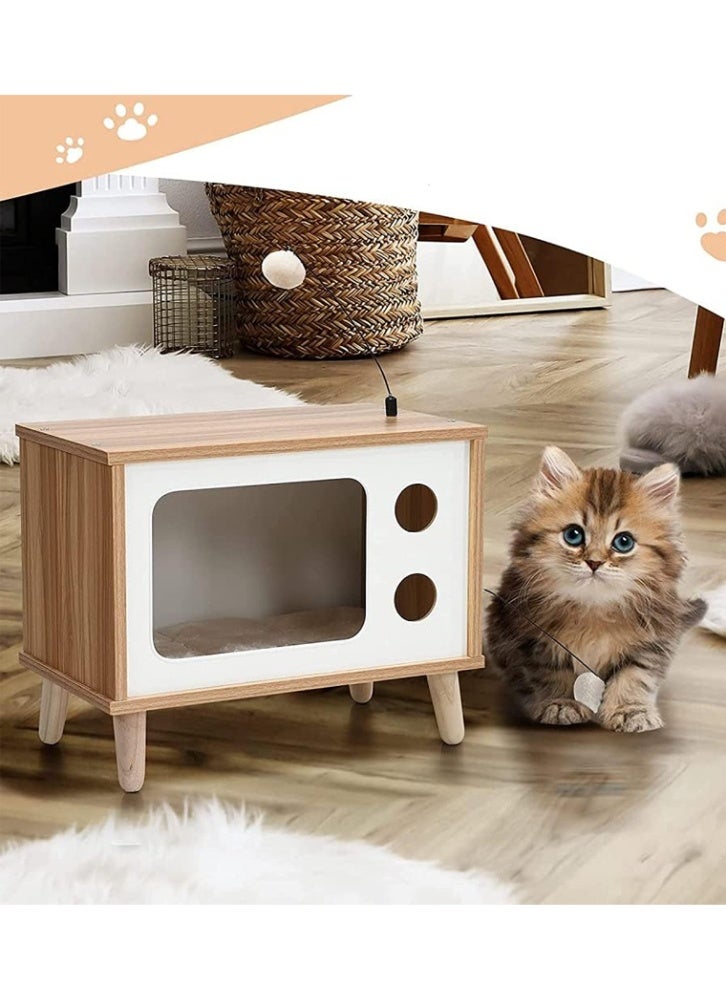 fashionhome Multifunction Design Spacious Nightstand Bedside Table with Small Cat Enclosures Sturdy Wood Built Cat Nest with Cushion for Pet Cat 60 x 40 x 50 cm - Image 5