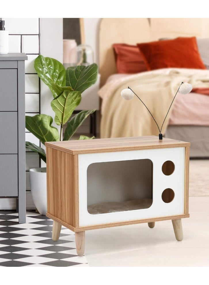 fashionhome Multifunction Design Spacious Nightstand Bedside Table with Small Cat Enclosures Sturdy Wood Built Cat Nest with Cushion for Pet Cat 60 x 40 x 50 cm - Image 1