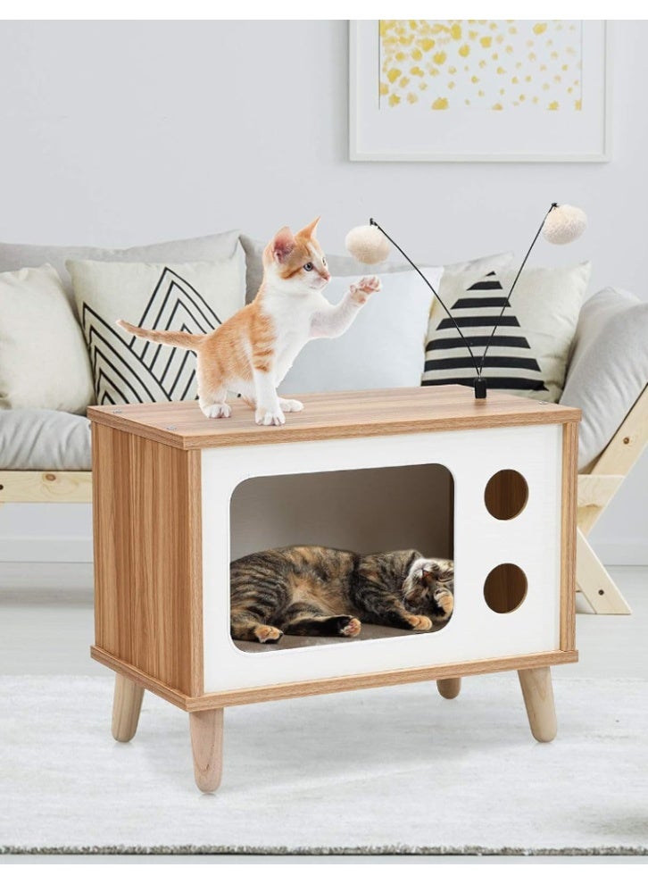 fashionhome Multifunction Design Spacious Nightstand Bedside Table with Small Cat Enclosures Sturdy Wood Built Cat Nest with Cushion for Pet Cat 60 x 40 x 50 cm - Image 2