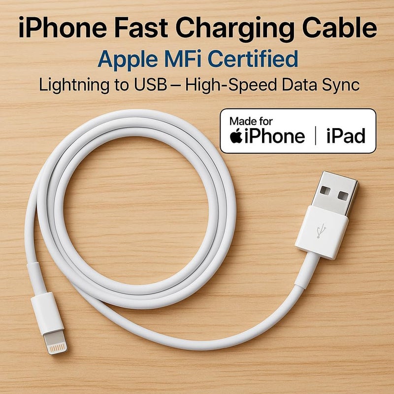 Fitto iPhone Fast Charging Cable, Apple MFi Certified, Lightning to USB, High-Speed Data Sync, Compatible with iPhone iPad, White - Image 3