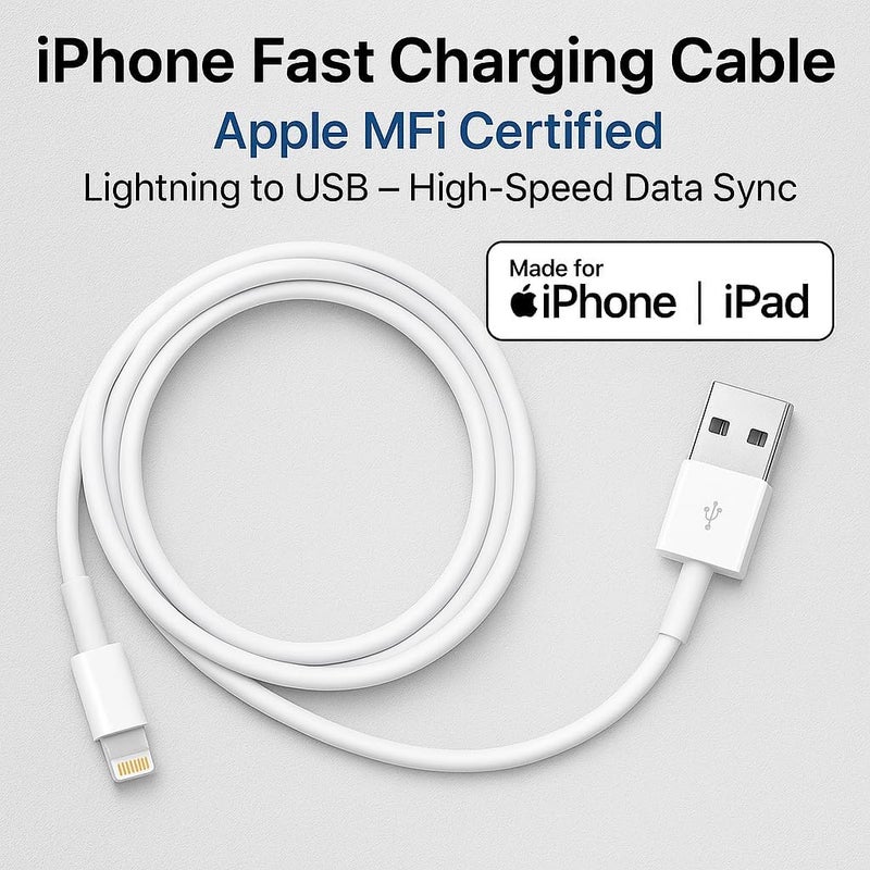 Fitto iPhone Fast Charging Cable, Apple MFi Certified, Lightning to USB, High-Speed Data Sync, Compatible with iPhone iPad, White - Image 2