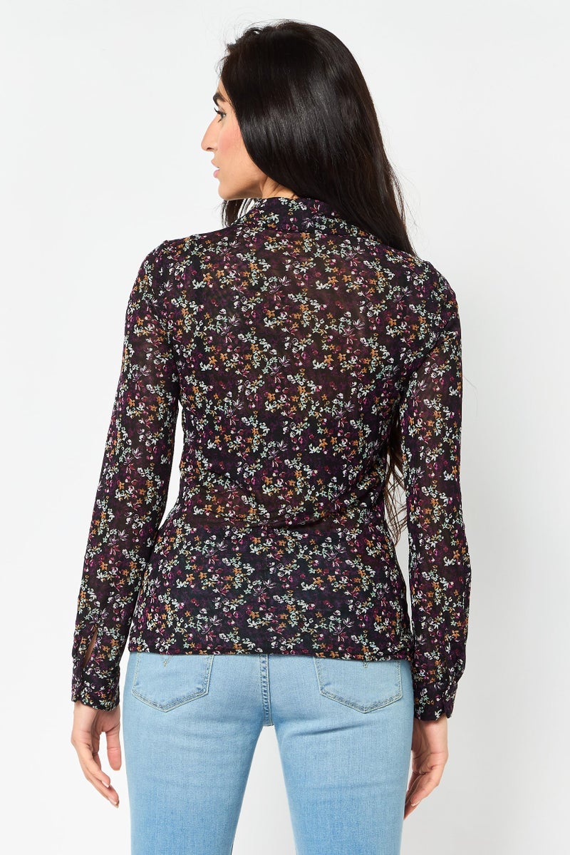 promod Women Spread Collar Long Sleeve Floral Pattern Shirt, Multicolor - Image 3