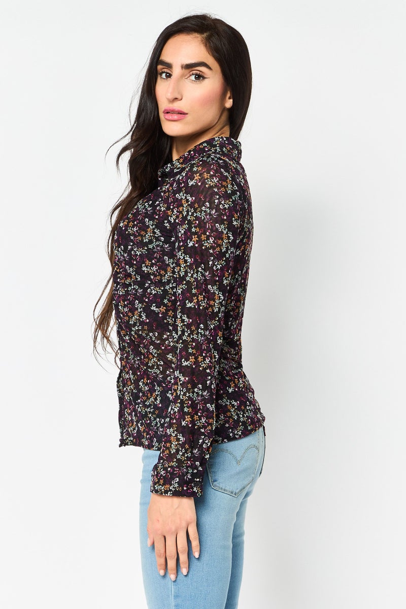 promod Women Spread Collar Long Sleeve Floral Pattern Shirt, Multicolor - Image 2
