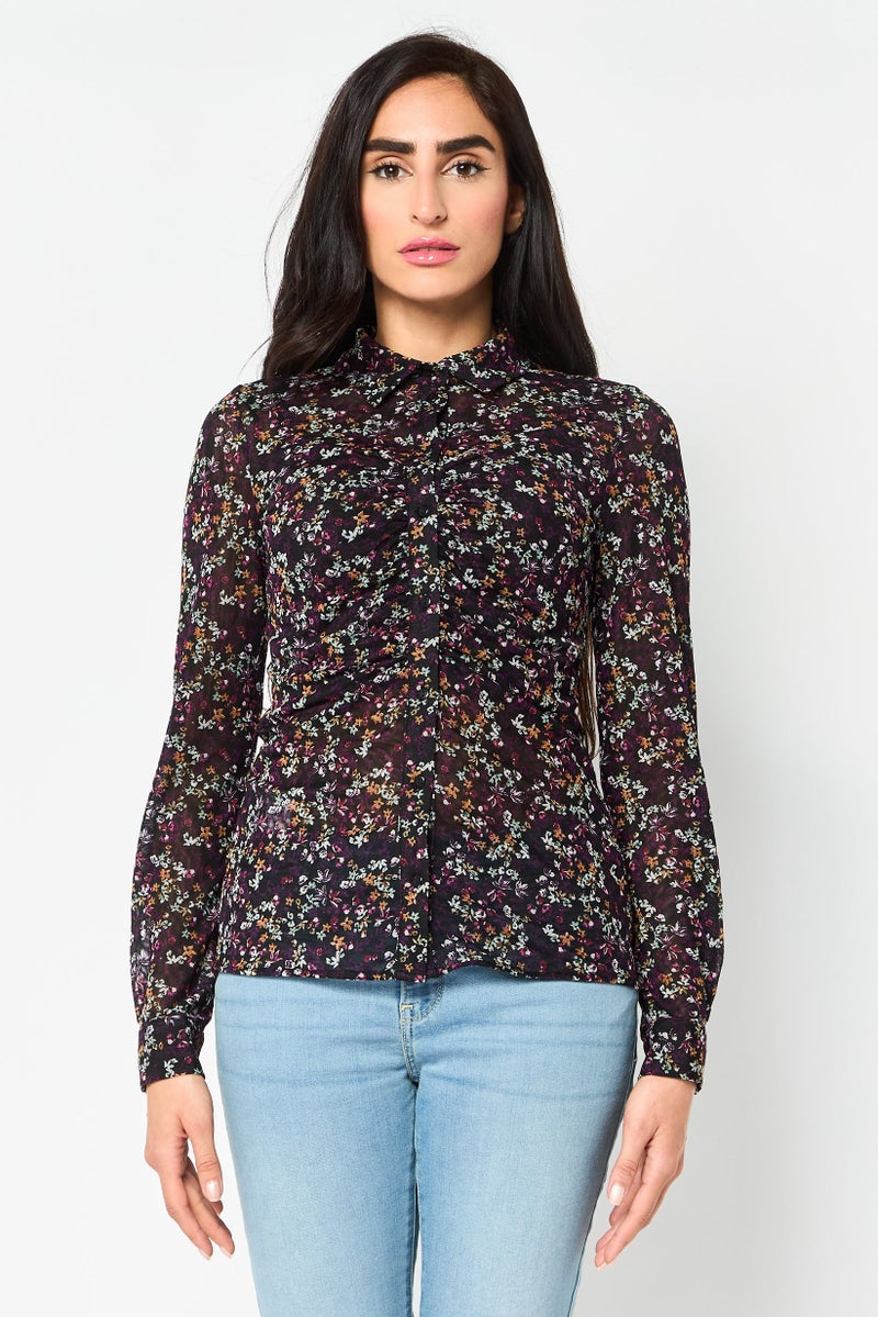promod Women Spread Collar Long Sleeve Floral Pattern Shirt, Multicolor - Image 1