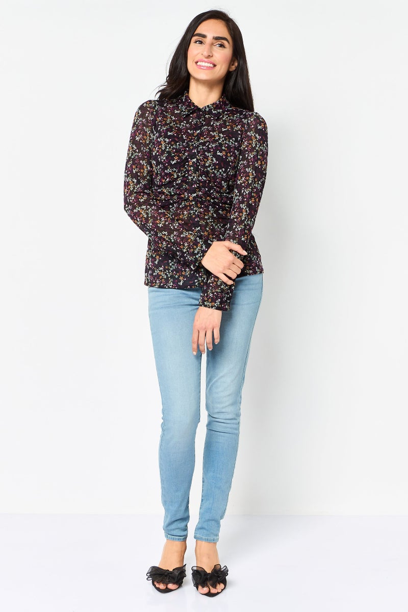 promod Women Spread Collar Long Sleeve Floral Pattern Shirt, Multicolor - Image 4