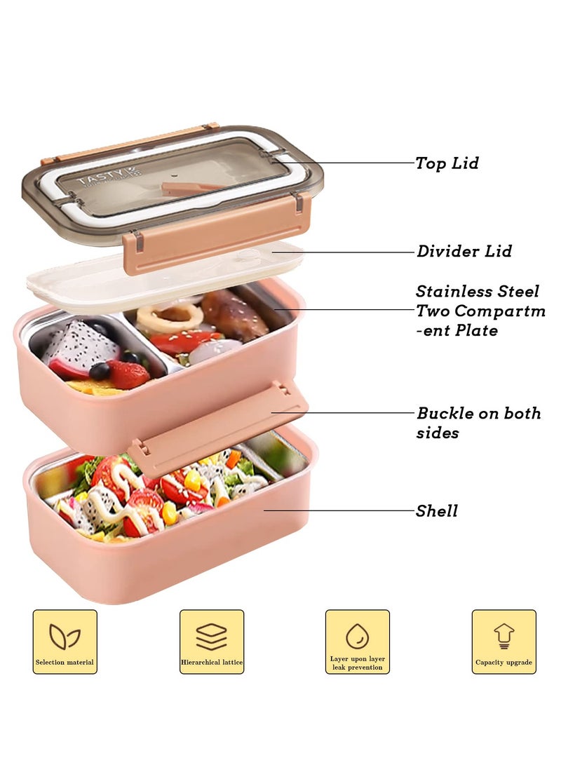 Stainless Steel Lunch Box Insulated Bento Box Multifunctional Containers Food Containers with 2 Compartments,Tableware, Nylon insulation bag (1.6L Pink) - Image 2