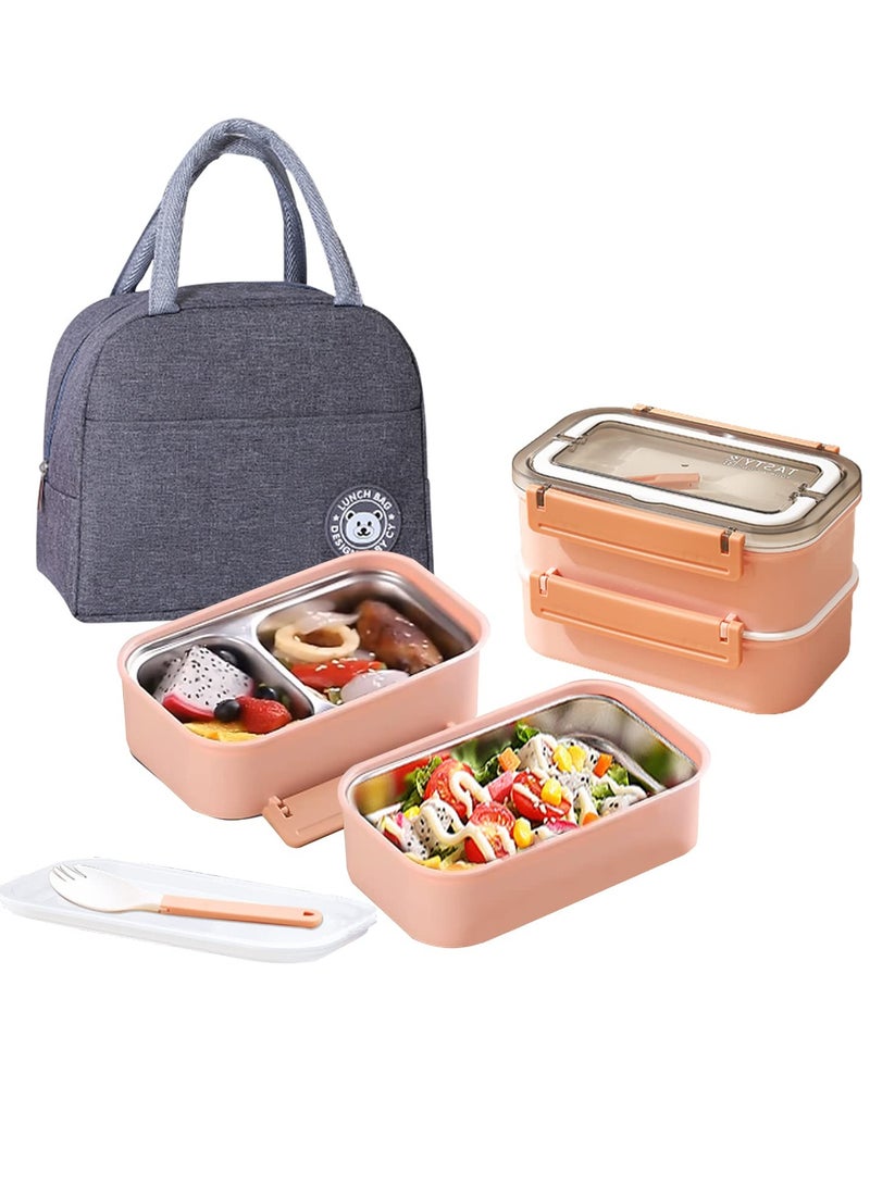 Stainless Steel Lunch Box Insulated Bento Box Multifunctional Containers Food Containers with 2 Compartments,Tableware, Nylon insulation bag (1.6L Pink) - Image 1