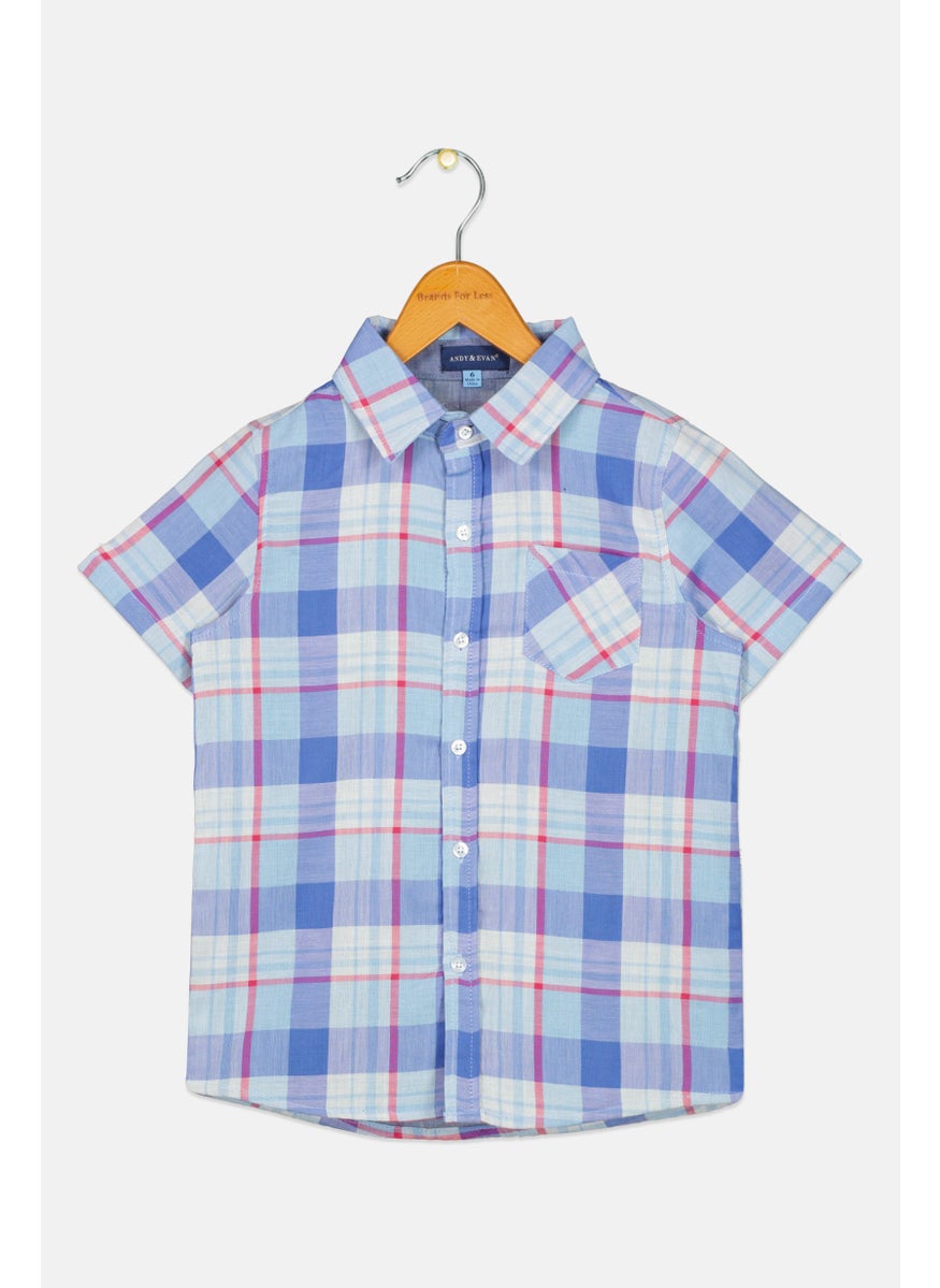 Andy & Evan Kids Boy Checkered Short Sleeve Casual Shirt, Blue  - Image 1