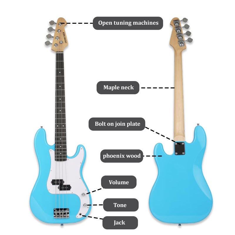 Demusea electric P bass guitar full size standard 4string glossy blue 34inch scale length maple neck phoenix body fixed bridge 1V 1T control for beginner starter practice party show(BLUE-YPB30) - Image 2