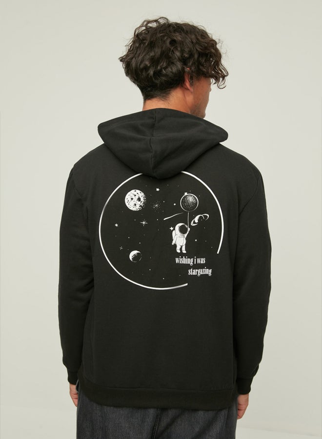trendyol Black Regular/Normal Cut Hooded Space Printed Sweatshirt - Image 1