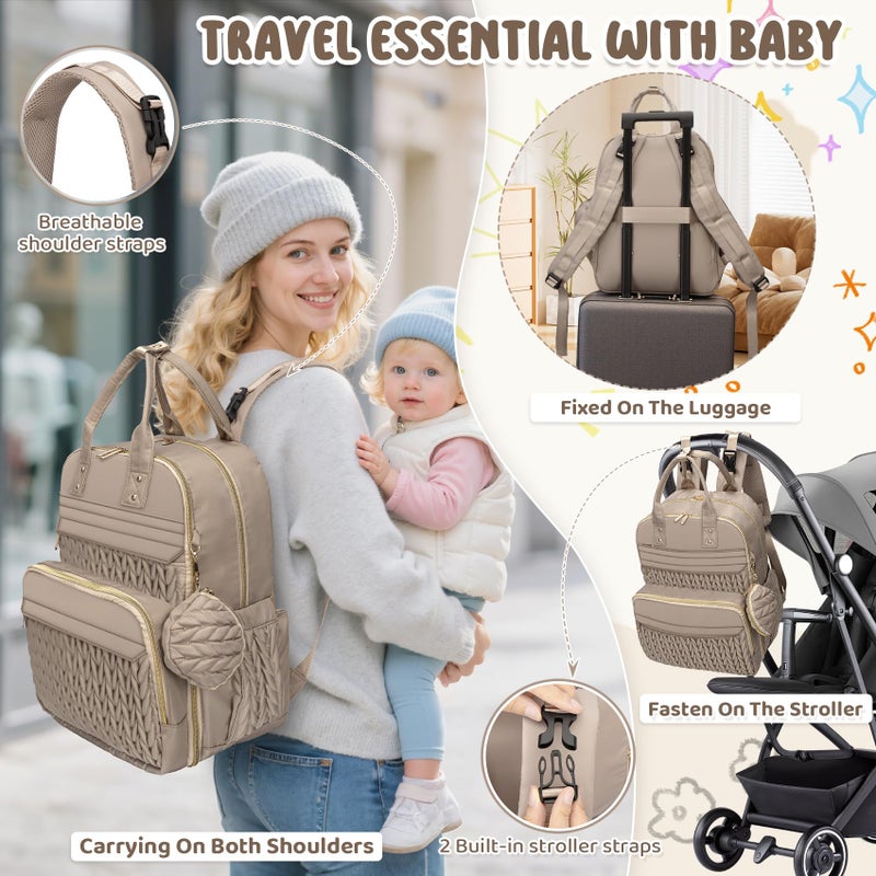 CandyHome Diaper Bag Backpack, Waterproof Stylish Baby Bag with Changing Pad, Large Capacity Travel Essentials Baby Diaper Bag with USB Port, Stroller Straps & Pacifier Case (Khaki) - Image 2
