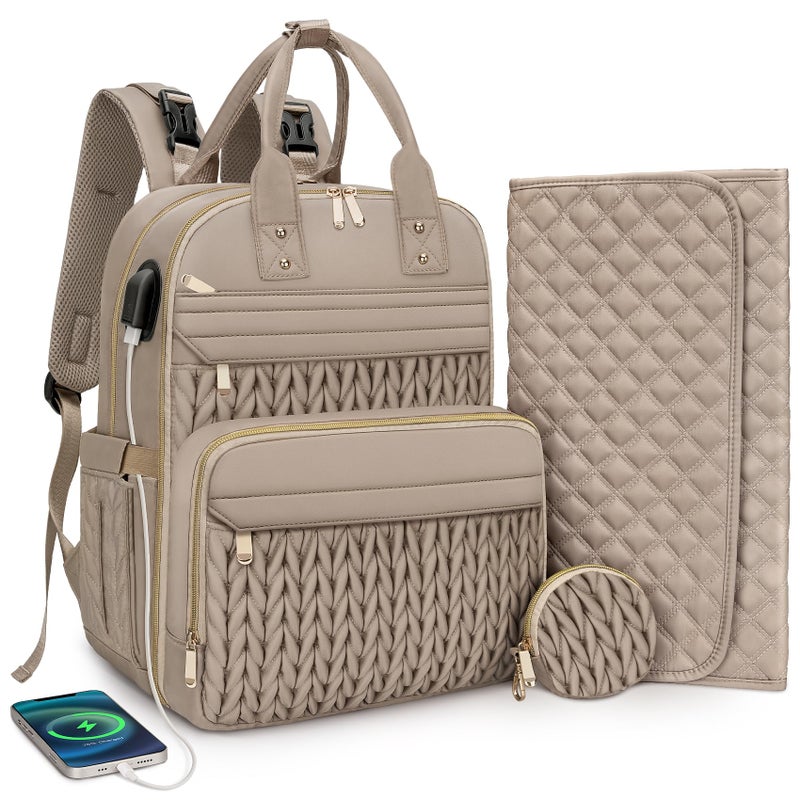 CandyHome Diaper Bag Backpack, Waterproof Stylish Baby Bag with Changing Pad, Large Capacity Travel Essentials Baby Diaper Bag with USB Port, Stroller Straps & Pacifier Case (Khaki) - Image 1