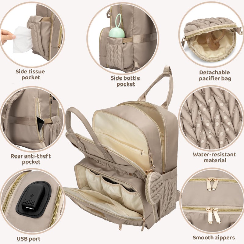 CandyHome Diaper Bag Backpack, Waterproof Stylish Baby Bag with Changing Pad, Large Capacity Travel Essentials Baby Diaper Bag with USB Port, Stroller Straps & Pacifier Case (Khaki) - Image 4
