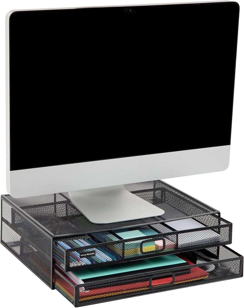 Mind Reader 2TDMESHY-BLK Metal Monitor Stand Riser, Desk Organizer, Holds PC, Laptop, Notebook, Printer, Black 2 Drawer - Image 1