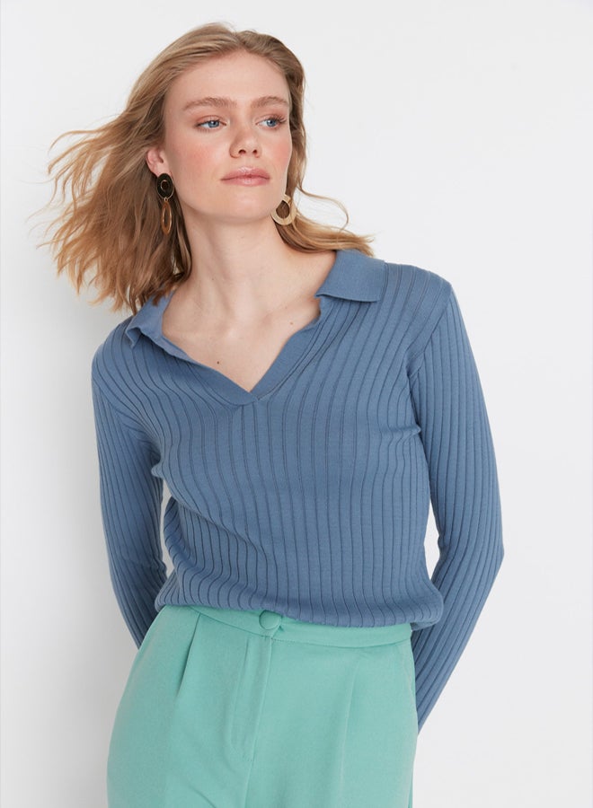 trendyol Indigo Sleeve Detailed Polo Neck Knitwear Sweater TWOAW21KZ1113 - Image 1
