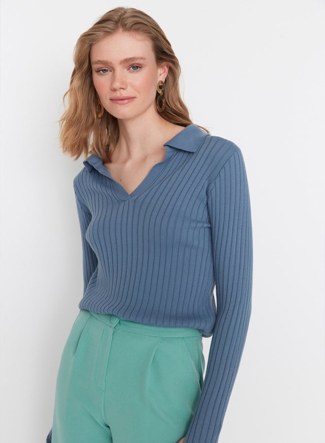 trendyol Indigo Sleeve Detailed Polo Neck Knitwear Sweater TWOAW21KZ1113 - Image 3