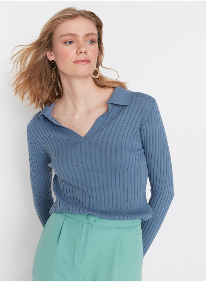 trendyol Indigo Sleeve Detailed Polo Neck Knitwear Sweater TWOAW21KZ1113  - Image 1