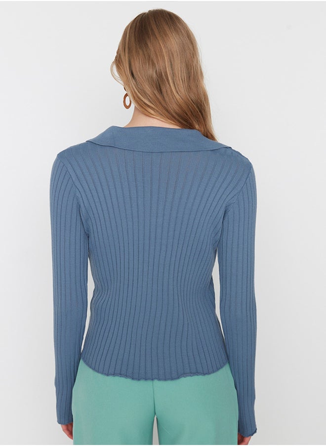trendyol Indigo Sleeve Detailed Polo Neck Knitwear Sweater TWOAW21KZ1113  - Image 5