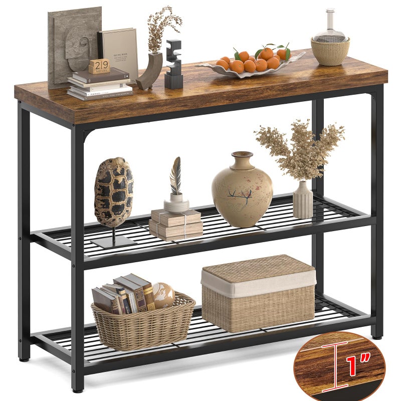 Besiost 32" Small Console Table with Storage, Narrow Entryway Table, Sofa Table for Living Room, Sturdy 3-Tier Console Tables for Living Room, Hallway, Foyer & Bedroom, Rustic Brown - Image 1