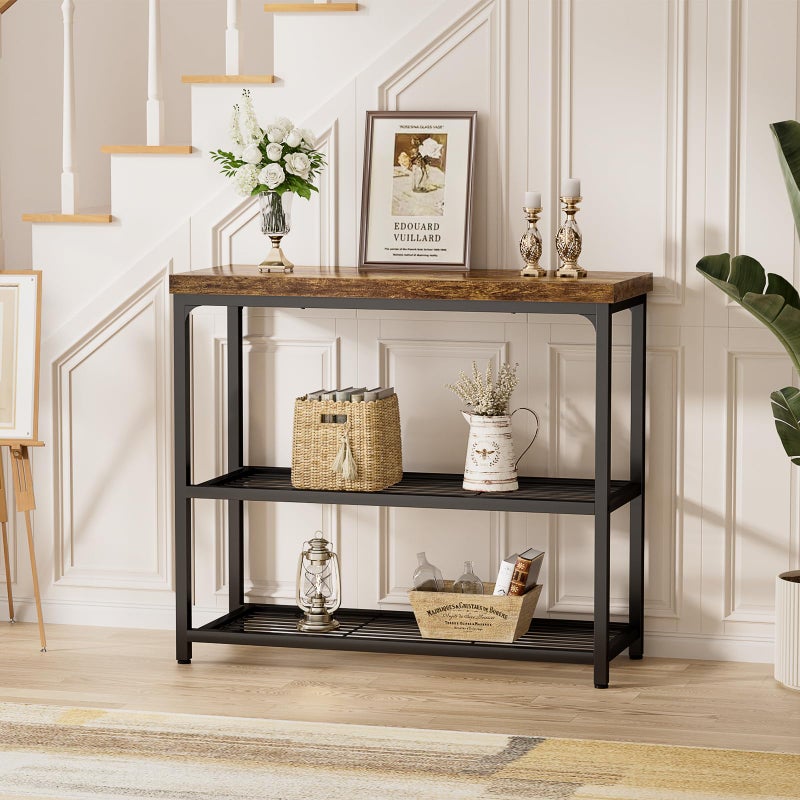 Besiost 32" Small Console Table with Storage, Narrow Entryway Table, Sofa Table for Living Room, Sturdy 3-Tier Console Tables for Living Room, Hallway, Foyer & Bedroom, Rustic Brown - Image 5