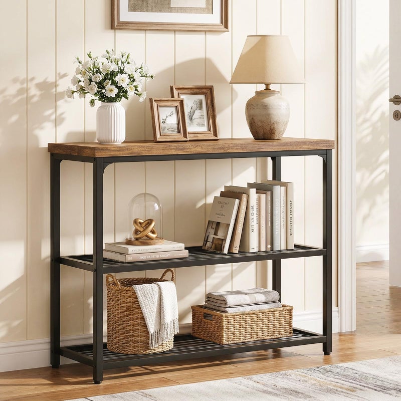 Besiost 32" Small Console Table with Storage, Narrow Entryway Table, Sofa Table for Living Room, Sturdy 3-Tier Console Tables for Living Room, Hallway, Foyer & Bedroom, Rustic Brown - Image 2