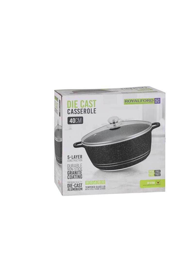 Royalford 40 cm Die Cast Casserole- RF12704/ Non-Stick Cookware with Granite Coating, Compatible with Hot Plate, Halogen, Gas Cooktops Black 2Liters - Image 4