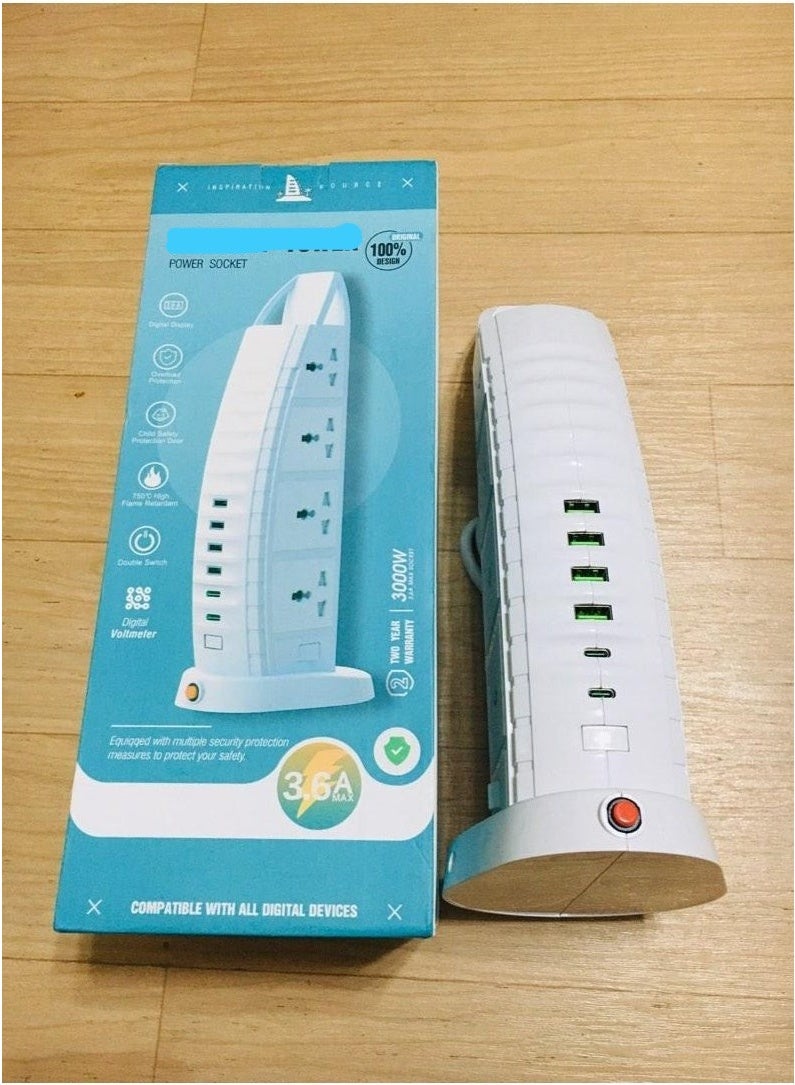 Tower Extension Board with USB A and USB C Port with Universal Sockets with Master Switch and Safety Shutter  - Image 1