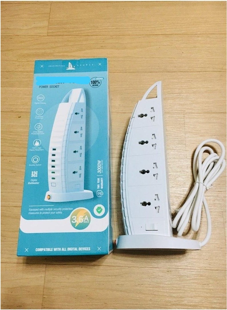 Tower Extension Board with USB A and USB C Port with Universal Sockets with Master Switch and Safety Shutter  - Image 2