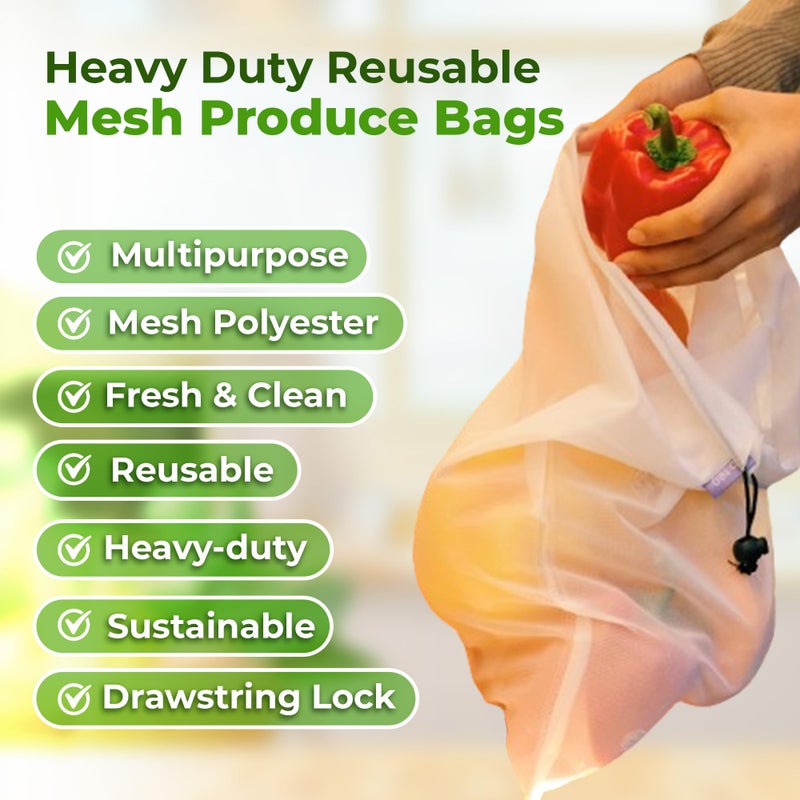 purifyou Set of 9 Reusable Produce Bags, Heavy Duty Washable Mesh Grocery Bag with Drawstring, Ideal for Farmers Market, Beach, and Refrigerator Storage (Extra Large, Large, Small) - Image 3