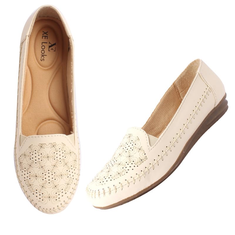 XE Looks Women's Cream Laser Cut Floral Casual Slip-On Loafers | Stylish and Comfortable | Soft Faux Leather with Elastic Band for Easy Wear Loafers For Girls & Women - Image 1