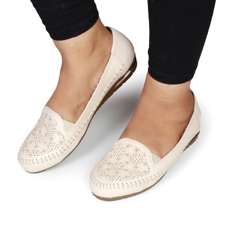 XE Looks Women's Cream Laser Cut Floral Casual Slip-On Loafers | Stylish and Comfortable | Soft Faux Leather with Elastic Band for Easy Wear Loafers For Girls & Women - Image 2