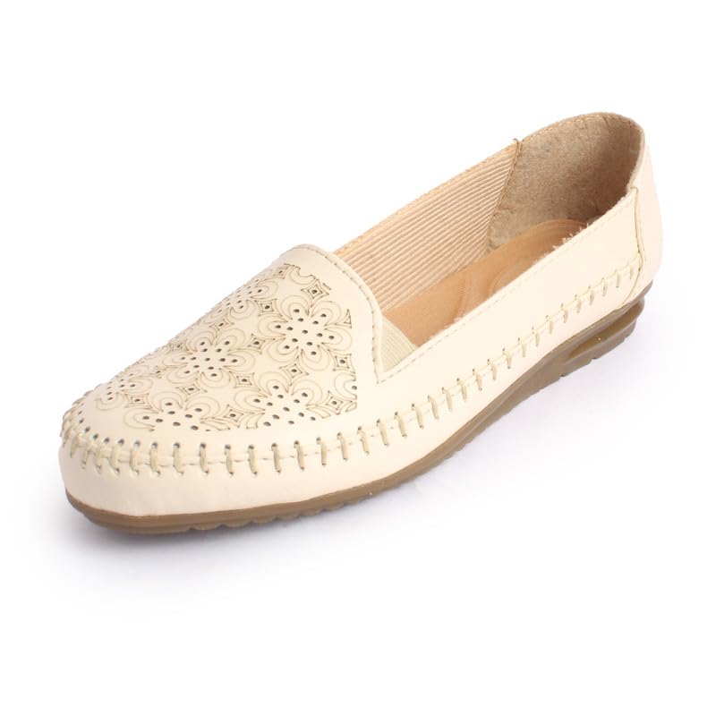 XE Looks Women's Cream Laser Cut Floral Casual Slip-On Loafers | Stylish and Comfortable | Soft Faux Leather with Elastic Band for Easy Wear Loafers For Girls & Women - Image 4