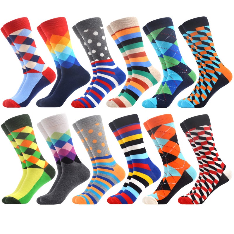 WeciBor Men's Dress Colorful Funny Funky Cotton Crew Socks, 12 Pack Multicolor Geometric, Size 10-13 - Image 1