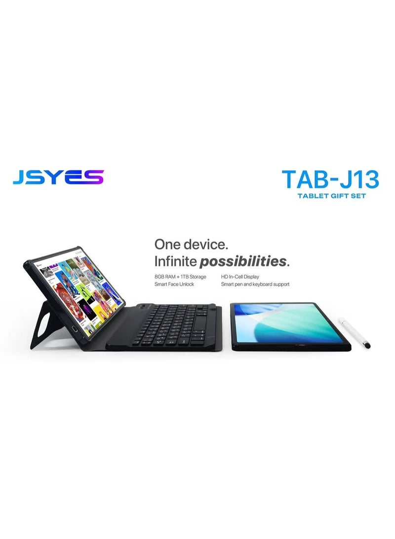 JSYES مجموعة هدايا تابلت TAB-J13 – سعة تخزين 1TB، شاشة تعمل باللمس HD بحجم 10.1 بوصة، لوحة مفاتيح لاسلكية، فأرة بلوتوث، قلم، حقيبة فوليو، شحن USB-C – أسود - Image 2