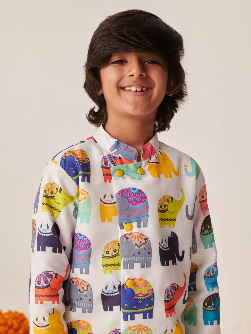Pspeaches Boys Cotton Long Sleeves Mandarin Collar Quirky Print Kurta and Dhoti Pant 2 Piece Set|Ethnic Wear For Kids Boys|Traditional & Festive Outfit 13-14 Year Multicolour - Image 3