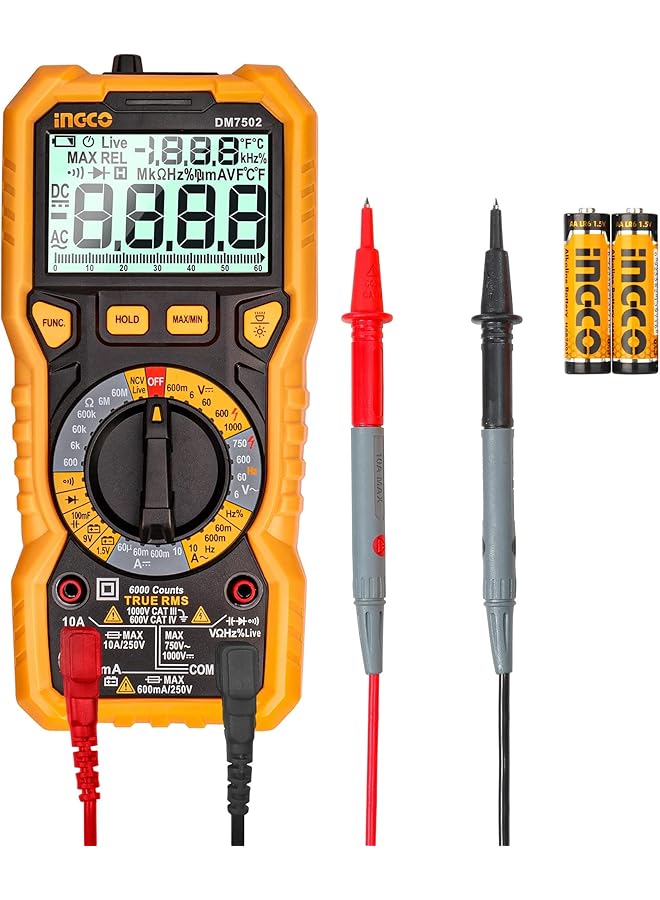 INGCO Dm7502 600V Digital Multimeter With 6000 Counts Display, Multicolor - Image 1