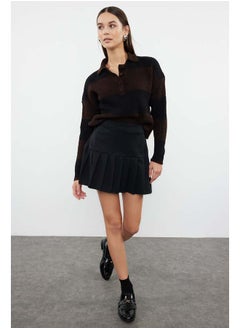 Dark Brown Crop Soft Textured Color Blocked Knitwear Sweater TWOAW22KZ0226
