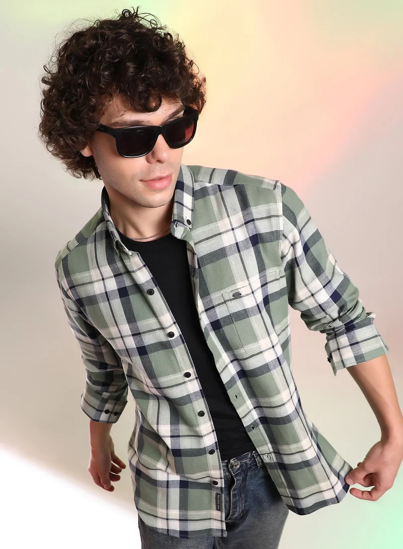 Campus Sutra Men's Sage Green Shadow-Checkered Shirt