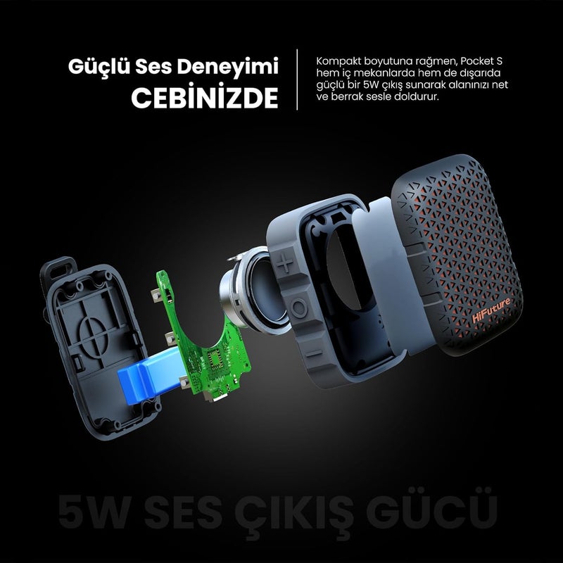 هاي فيوتشر مكبر صوت HiFuture Pocket S Mini القابل للحمل والارتداء، وقت تشغيل يصل إلى 8 ساعات، مظهر فاخر، مشبك مغناطيسي، مقاوم للماء (معيار IPX7)، وزن خفيف (77 جرام)، شحن عبر منفذ Type-C، لون أزرق. - Image 4
