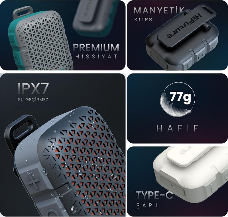 هاي فيوتشر مكبر صوت HiFuture Pocket S Mini القابل للحمل والارتداء، وقت تشغيل يصل إلى 8 ساعات، مظهر فاخر، مشبك مغناطيسي، مقاوم للماء (معيار IPX7)، وزن خفيف (77 جرام)، شحن عبر منفذ Type-C، لون أزرق. - Image 3