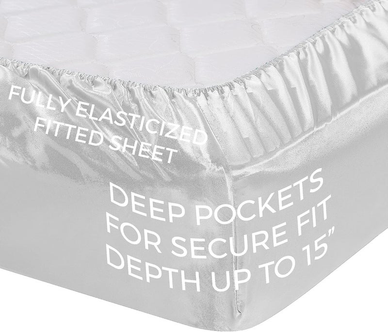 Pure Bedding Satin Sheets King [4-Piece, White] Hotel Luxury Silky Bed Sheets - Extra Soft 1800 Microfiber Sheet Set, Wrinkle, Fade, Deep Pocket Fitted Sheet, Flat Sheet, Pillow Cases - Image 4