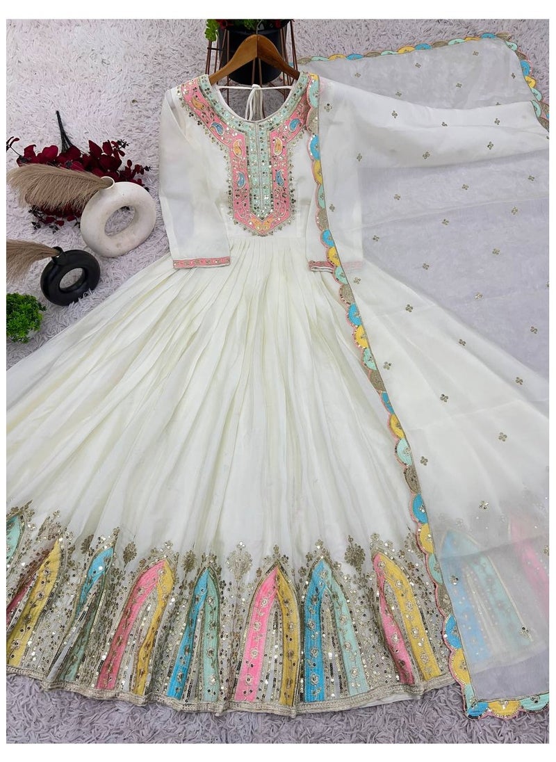 Super Asian - New Launching Heavy Designer Party Wear Look Gown-Dupatta in Heavy Multi Thread Embroidery Sequence Work - Image 1