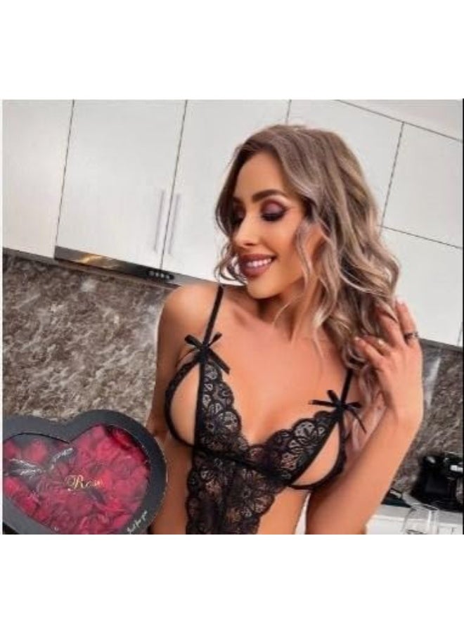 هنادى لانجري نسائي من الدانتيل الأسود المشغول قطعة واحدة بأربطة كتف وفيونكات ناعمة مقاس موحد Hn 9162 - Image 2