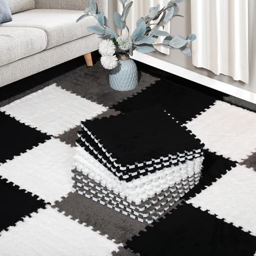 ZENOWICK 12 Pcs Plush Interlocking Carpet Tiles NonToxic Foam Carpet Tiles for Toddler Baby AntiSlip EVA Foam Interlocking Tiles for Floor Nursery Playroom Grey White Black - Image 1